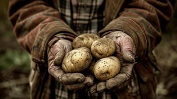 AI generated A pair of hands cradling a group of freshly harvested potatoes, still speckled with soil. Generated by artificial intelligence. photo