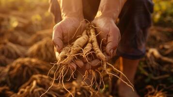 AI generated Ginseng roots in the hands of a farmer, warm sunlight, closeup shot. Generated by artificial intelligence. photo