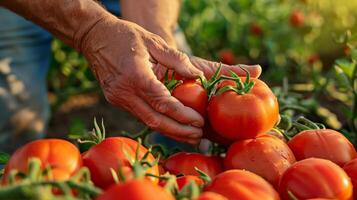 AI generated A farmer's male hands picking tomato harvest. Morning sunlight, fresh and healthy, vegetables. Generated by artificial intelligence. photo