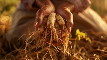 AI generated Ginseng roots in the hands of a farmer, warm sunlight, closeup shot. Generated by artificial intelligence. photo