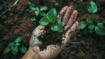 AI generated A photo of a hand with soil on it and the sprout of a small bean plant. Generated by artificial intelligence.