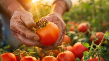 AI generated A farmer's male hands picking tomato harvest. Morning sunlight, fresh and healthy, vegetables. Generated by artificial intelligence. photo