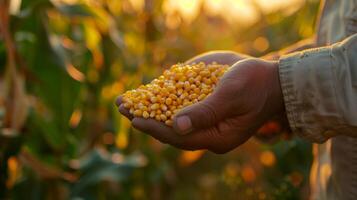 ai generado un foto de un agricultura granjero participación maíz granos en su mano. generado por artificial inteligencia.