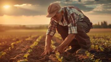 AI generated A farmer planting seeds in the field. Field landscape from the back. Generated by artificial intelligence. photo