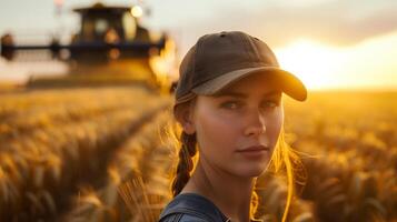 AI generated A beautiful woman farmer in front of a combine harvester in a golden wheat field, wearing a baseball cap and overalls in the golden hour lighting. Generated by artificial intelligence. photo