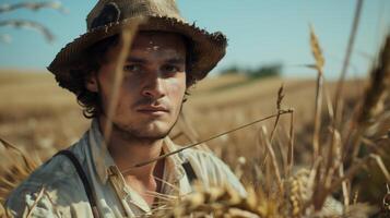 ai generado un joven enojado francés agricultor. el campo paisaje desde el atrás. generado por artificial inteligencia. foto