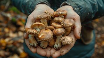 AI generated Closeup of a farmer's hands holding fresh mushrooms. Generated by artificial intelligence. photo