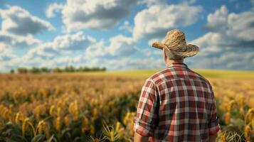 ai generado un granjero mirando hacia el cultivos. campo paisaje desde el atrás. generado por artificial inteligencia. foto