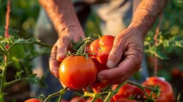 AI generated A farmer's male hands picking tomato harvest. Morning sunlight, fresh and healthy, vegetables. Generated by artificial intelligence. photo