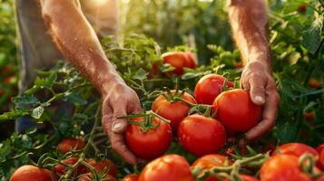 AI generated A farmer's male hands picking tomato harvest. Morning sunlight, fresh and healthy, vegetables. Generated by artificial intelligence. photo