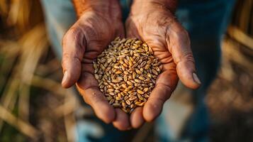 AI generated Photo of hands holding grains, focus on the texture and color of wheat with blurred background of farmland. Generated by artificial intelligence.