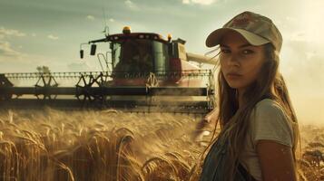 AI generated A beautiful woman farmer in front of a combine harvester in a golden wheat field, wearing a baseball cap and overalls in the golden hour lighting. Generated by artificial intelligence. photo