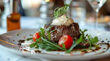 AI generated Filet Tenderlpin alongside arugula salad with white bechamel sauce cream on top. Steack, restoraunt, meat. Generated by artificial intelligence. photo