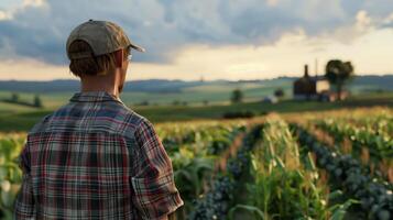 AI generated A farmer looking towards the crops. Field landscape from the back. Generated by artificial intelligence. photo