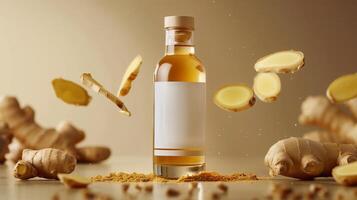 The transparent beverage bottl with ginger around the it, slice of ginger levitating around the bottle ground. Generated by artificial intelligence. photo