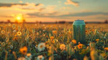 A green can of beer in a hop field, low angle view. Generated by artificial intelligence. photo