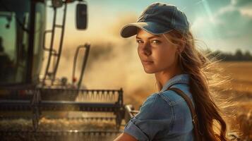 AI generated A beautiful woman farmer in front of a combine harvester in a golden wheat field, wearing a baseball cap and overalls in the golden hour lighting. Generated by artificial intelligence. photo