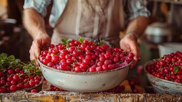AI generated Freshly picked lingonberries in a pot. Vibrant red berries, jam, food photography. Generated by artificial intelligence. photo