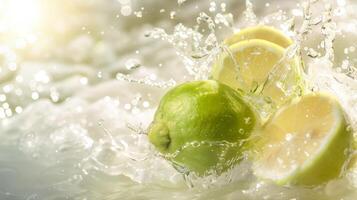 AI generated Green lemons halves colliding on the water. Water splash, white background, food photography. Generated by artificial intelligence. photo
