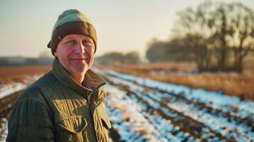 AI generated A farmer standing on a winter field. Hint of a smile, looking into camera, late afternoon. Generated by artificial intelligence. photo