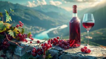 A bottle filled with red wine and the glass by side placed on a nice concrete, some chopped tropical fruits. Beautiful mountains in the scenery. Generated by artificial intelligence. photo