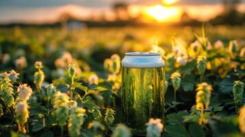 A green can of beer in a hop field, low angle view. Generated by artificial intelligence. photo