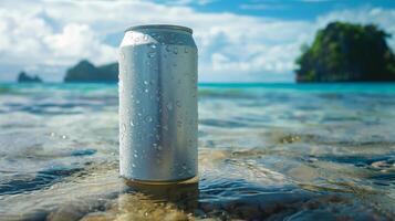 The plain soft-drink can 330ml, floating in the ocean with tropical islands in background. Generated by artificial intelligence. photo