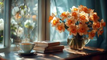 A table with books stacked on it, next to a vase with a large bouquet of a narcissus flowers, and a cup of hot tea. Generated by artificial intelligence. photo