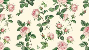 Peach-colored roses and green leaves pattern on a white background, in a vintage style, seamless wallpaper, with a pastel color palette. Generated by artificial intelligence. photo