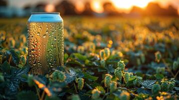 A green can of beer in a hop field, low angle view. Generated by artificial intelligence. photo