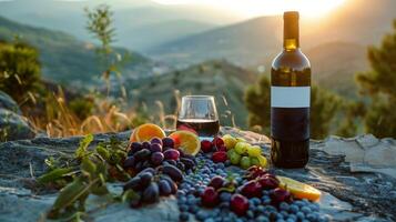 A bottle filled with red wine and the glass by side placed on a nice concrete, some chopped tropical fruits. Beautiful mountains in the scenery. Generated by artificial intelligence. photo