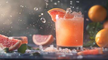 Vertical glass with pink grapefruit juise. Flying grapefruit, food photography, dark background. Generated by artificial intelligence. photo