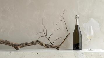 Product photography of a sparkling wine bottle and glass, with a minimalist setting featuring a single driftwood branch as a prop. Generated by artificial intelligence. photo