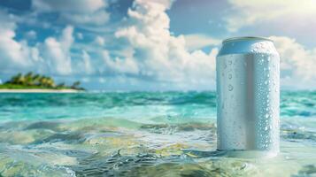 The plain soft-drink can 330ml, floating in the ocean with tropical islands in background. Generated by artificial intelligence. photo