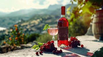 un botella lleno con rojo vino y el vaso por lado metido en un bonito concreto, algunos Cortado tropical frutas hermosa montañas en el escenario. generado por artificial inteligencia. foto