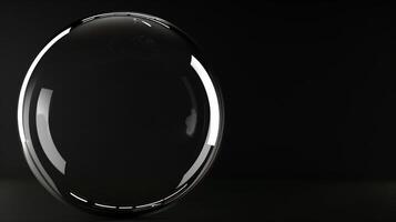 A sphere made of glass, clear and transparent, front view, black background, glass bubble. Generated by artificial intelligence. photo