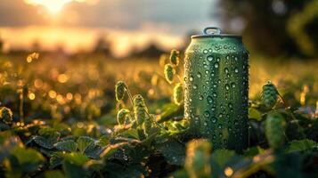 A green can of beer in a hop field, low angle view. Generated by artificial intelligence. photo