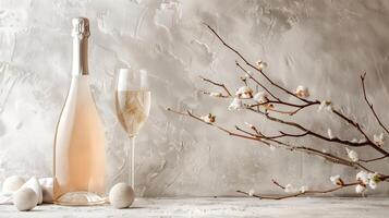 Product photography of a sparkling wine bottle and glass, with a minimalist setting featuring a single driftwood branch as a prop. Generated by artificial intelligence. photo