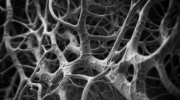A high-resolution, monochrome micrograph of an intricate network of fibers in the skin resembling flowing water on the dark background. Generated by artificial intelligence. photo