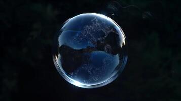 A sphere made of glass, clear and transparent, front view, black background, glass bubble. Generated by artificial intelligence. photo