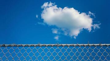 Clouds in the blue sky behind an open chain link fence. photo