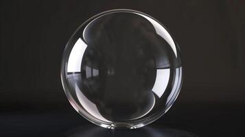 A sphere made of glass, clear and transparent, front view, black background, glass bubble. Generated by artificial intelligence. photo