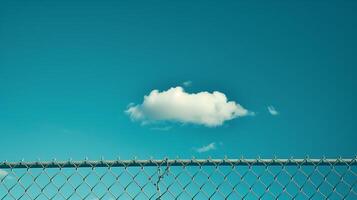 Clouds in the blue sky behind an open chain link fence. photo