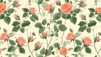 Peach-colored roses and green leaves pattern on a white background, in a vintage style, seamless wallpaper, with a pastel color palette. Generated by artificial intelligence. photo