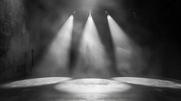 Black and white background, spotlight in of an empty room. Concrete floor and walls, cinematic light. Generated by artificial intelligence. photo