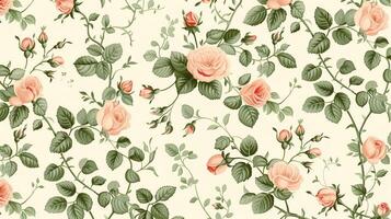 Peach-colored roses and green leaves pattern on a white background, in a vintage style, seamless wallpaper, with a pastel color palette. Generated by artificial intelligence. photo