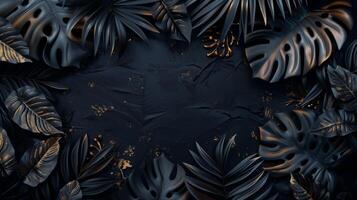 Black dark black cool background dark black and gold tropical leavs. Generated by artificial intelligence. photo