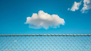 Clouds in the blue sky behind an open chain link fence. photo