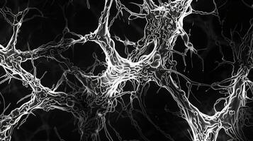 un alta resolución, monocromo micrografia de un intrincado red de fibras en el piel parecido a fluido agua en el oscuro antecedentes. generado por artificial inteligencia. foto