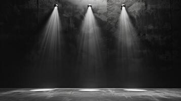 Black and white background, spotlight in of an empty room. Concrete floor and walls, cinematic light. Generated by artificial intelligence. photo